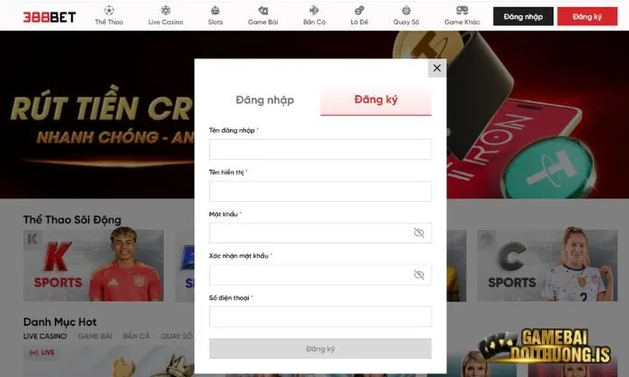 Đăng ký 388bet ngay để tham gia game bài đổi thưởng